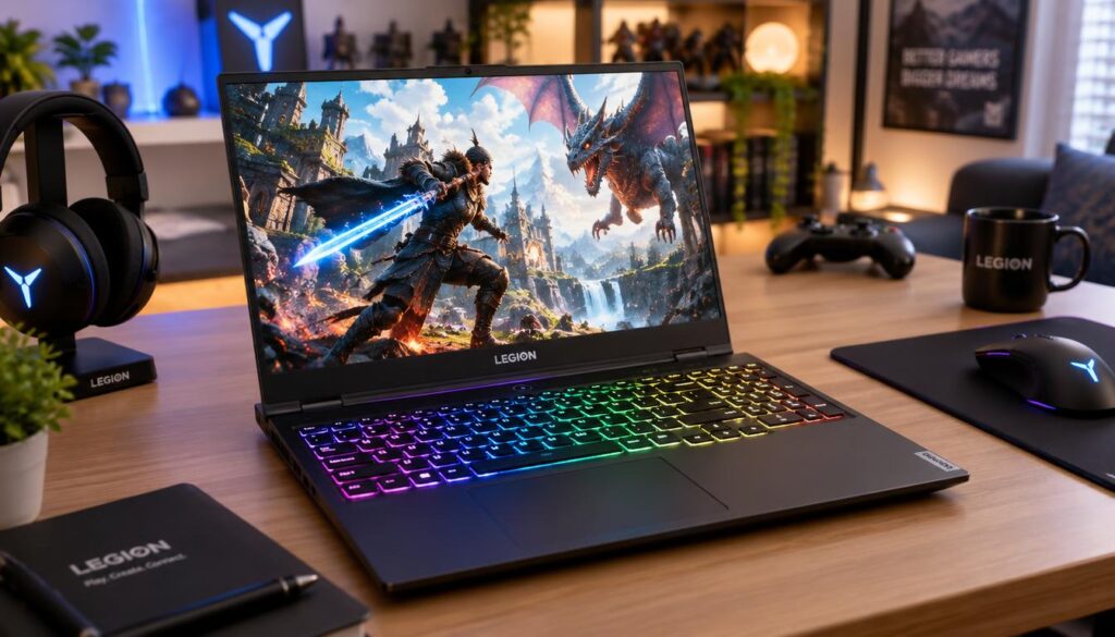 A sleek Lenovo Legion gaming laptop sits on a modern, minimalist desk, its vivid OLED screen illuminating a dynamic gaming scene showcasing an epic fantasy battle. In the foreground, the laptop's illuminated keyboard glimmers with RGB lighting, enhancing the gaming atmosphere. The middle ground features the laptop displaying intense graphics, with an intricately designed character mid-action, surrounded by vibrant colors and detailed scenery. The background is softly blurred, revealing a cozy gaming room with ambient lighting and gaming accessories, enhancing focus on the laptop. The scene is brightly lit with a mix of natural and warm artificial lighting, creating an inviting yet immersive mood, captured from a slightly elevated angle with a shallow depth of field.