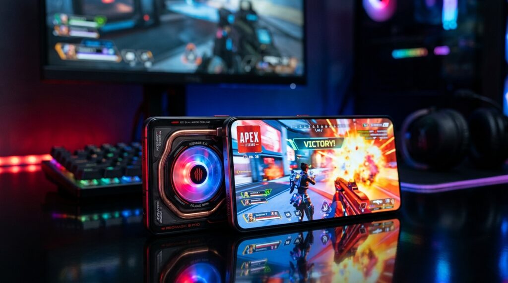 A sleek RedMagic gaming phone prominently displayed in the foreground, showcasing its innovative fan cooling system. The phone's vibrant gaming display illuminates with dynamic graphics, reflecting high intensity and vivid colors. The middle ground features a smooth, reflective surface adding a modern tech feel, while in the background, a subtle blurred gaming environment hints at an immersive atmosphere. The lighting is dramatic and focused, creating contrast that highlights the phone’s sleek design and intricate cooling mechanisms. The angle captures the device from a slightly elevated position, emphasizing its features. The overall mood is high-energy and futuristic, embodying the excitement of cutting-edge gaming technology. A sleek RedMagic gaming phone prominently displayed in the foreground, showcasing its innovative fan cooling system. The phone's vibrant gaming display illuminates with dynamic graphics, reflecting high intensity and vivid colors. The middle ground features a smooth, reflective surface adding a modern tech feel, while in the background, a subtle blurred gaming environment hints at an immersive atmosphere. The lighting is dramatic and focused, creating contrast that highlights the phone’s sleek design and intricate cooling mechanisms. The angle captures the device from a slightly elevated position, emphasizing its features. The overall mood is high-energy and futuristic, embodying the excitement of cutting-edge gaming technology.
