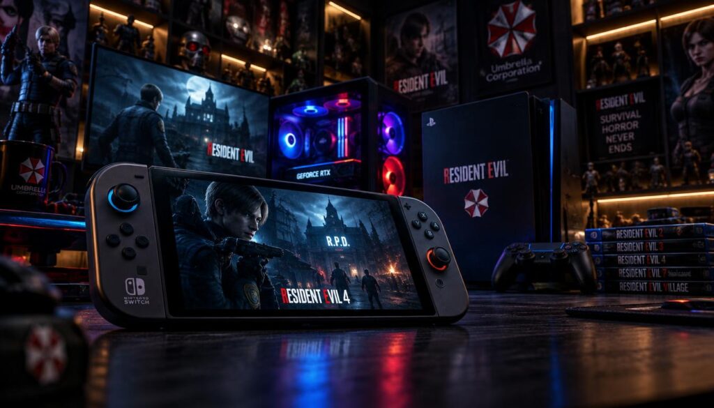 A sleek, futuristic Nintendo Switch 2 prominently displayed in the foreground, showcasing its distinct design and vibrant screen illuminated with Resident Evil game visuals. In the middle ground, a stylish gaming PC setup with RGB lighting and a powerful graphics card, accompanied by a traditional console featuring the Resident Evil logo. The background features a dark, moody gaming room, with soft ambient lighting highlighting shelves filled with Resident Evil memorabilia and posters. The atmosphere is intense and immersive, evoking excitement and anticipation for the game. The scene is shot from a low angle, giving a heroic perspective of the devices, emphasizing their role in the gaming landscape.