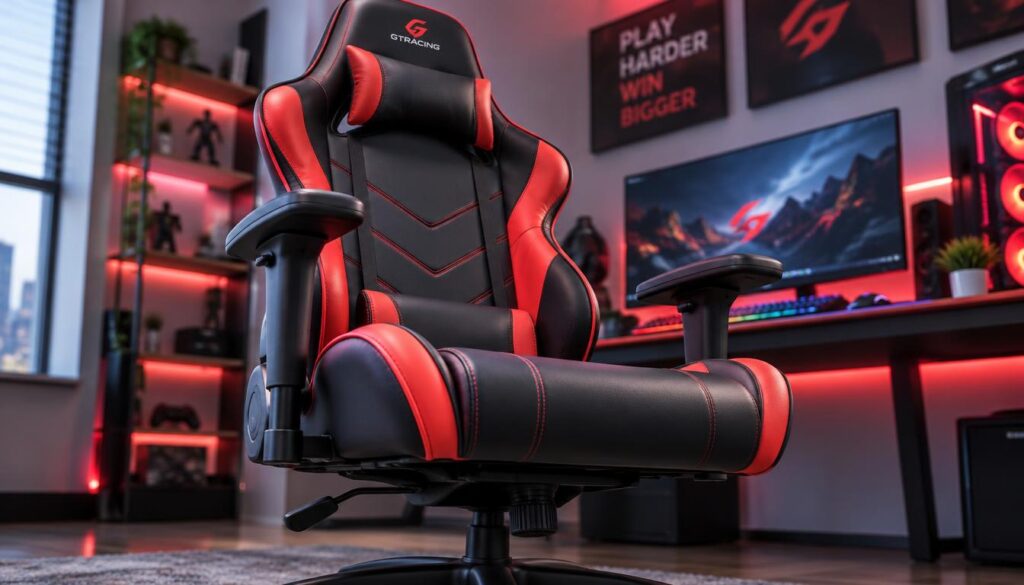 A sleek gaming chair with a bold racing style, featuring vibrant red and black upholstery, showcasing sporty stitching and ergonomic design. The chair is positioned in the foreground, emphasizing its high backrest and adjustable armrests, all highlighting the comfort and support it offers gamers. In the background, a softly blurred gaming setup is visible, with a computer desk, monitor, and ambient LED lighting that creates a dynamic atmosphere. The lighting is bright yet soft, casting gentle highlights on the chair while maintaining a focused view. Capture the image with a slight angle from below to emphasize the chair’s stature, evoking a sense of readiness and performance for the arrival inspection. The overall mood is energetic, inviting, and perfectly tailored for gaming enthusiasts. A sleek gaming chair with a bold racing style, featuring vibrant red and black upholstery, showcasing sporty stitching and ergonomic design. The chair is positioned in the foreground, emphasizing its high backrest and adjustable armrests, all highlighting the comfort and support it offers gamers. In the background, a softly blurred gaming setup is visible, with a computer desk, monitor, and ambient LED lighting that creates a dynamic atmosphere. The lighting is bright yet soft, casting gentle highlights on the chair while maintaining a focused view. Capture the image with a slight angle from below to emphasize the chair’s stature, evoking a sense of readiness and performance for the arrival inspection. The overall mood is energetic, inviting, and perfectly tailored for gaming enthusiasts.