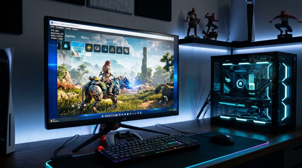 A sleek, modern PC setup showcasing an experimental PS5 emulator in action. In the foreground, a high-resolution monitor displays the emulator's interface with vibrant game graphics from a PS5 title. In the middle, a powerful gaming PC with RGB lighting glows, while accessories like a gaming keyboard and mouse add to the atmosphere. The background features a dimly lit room with subtle blue accents, creating a high-tech vibe. Soft, ambient lighting enhances the scene, with a slight lens flare reflecting off the monitor's screen. The overall mood is immersive and futuristic, highlighting innovation in gaming technology while maintaining a professional aesthetic. No human subjects are present in the image. A sleek, modern PC setup showcasing an experimental PS5 emulator in action. In the foreground, a high-resolution monitor displays the emulator's interface with vibrant game graphics from a PS5 title. In the middle, a powerful gaming PC with RGB lighting glows, while accessories like a gaming keyboard and mouse add to the atmosphere. The background features a dimly lit room with subtle blue accents, creating a high-tech vibe. Soft, ambient lighting enhances the scene, with a slight lens flare reflecting off the monitor's screen. The overall mood is immersive and futuristic, highlighting innovation in gaming technology while maintaining a professional aesthetic. No human subjects are present in the image.