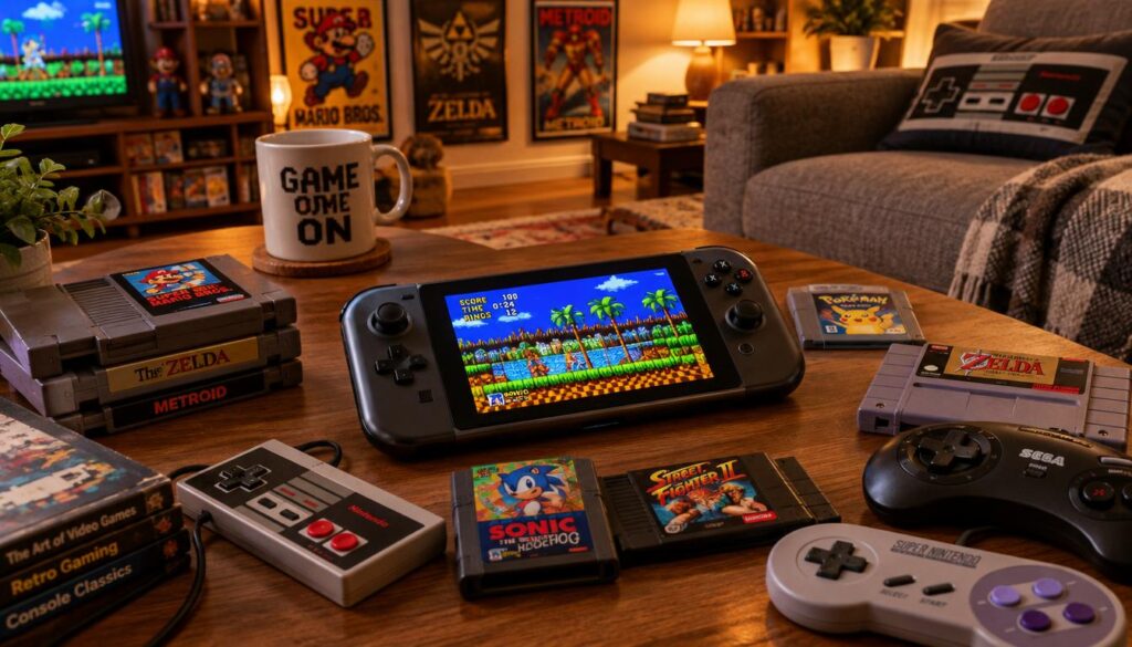 A sleek, modern handheld game console resting on a stylish, wooden coffee table, surrounded by a nostalgic assortment of retro game cartridges and iconic controllers. The console's vibrant screen displays a retro pixel art game, with vivid colors and captivating characters. In the background, soft, warm lighting creates an inviting atmosphere, illuminating a cozy living room adorned with vintage gaming posters and memorabilia. A plush sofa is visible, enhancing the relaxed vibe. The angle is slightly overhead, giving a dynamic view of the setup, while the focus is sharp on the device and its nostalgic game selection, evoking a sense of warmth and reminiscence for gamers of all ages. A sleek, modern handheld game console resting on a stylish, wooden coffee table, surrounded by a nostalgic assortment of retro game cartridges and iconic controllers. The console's vibrant screen displays a retro pixel art game, with vivid colors and captivating characters. In the background, soft, warm lighting creates an inviting atmosphere, illuminating a cozy living room adorned with vintage gaming posters and memorabilia. A plush sofa is visible, enhancing the relaxed vibe. The angle is slightly overhead, giving a dynamic view of the setup, while the focus is sharp on the device and its nostalgic game selection, evoking a sense of warmth and reminiscence for gamers of all ages.