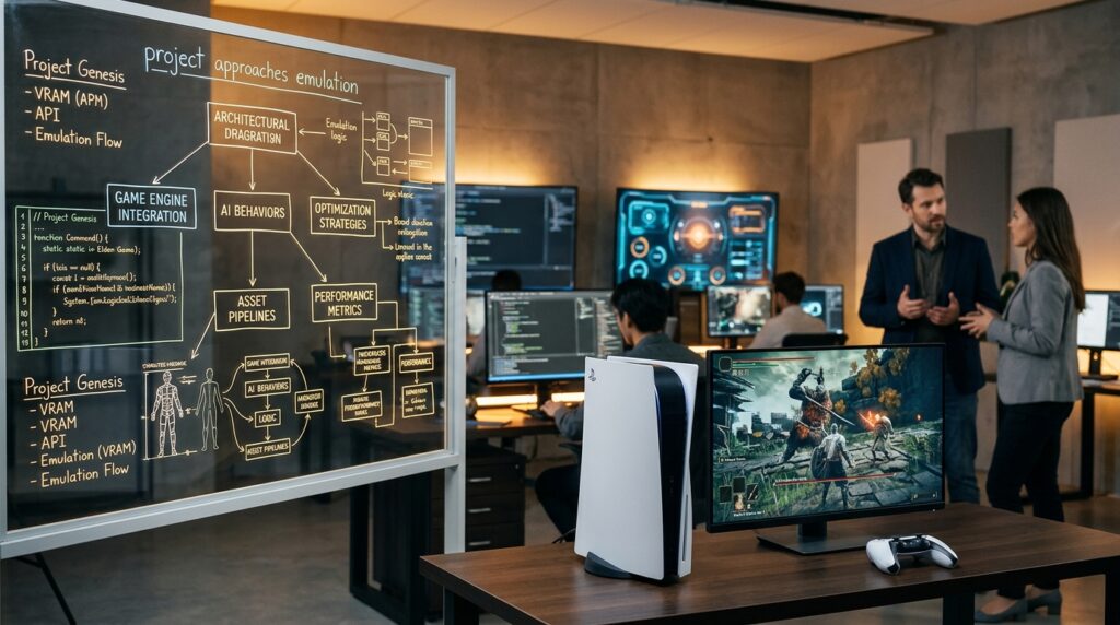 A sleek, modern workspace features a PS5 console prominently in the foreground, displaying vibrant graphics from a popular game in progress. To the left, an architecturally inspired flowchart visually represents several project approaches in emulation, integrating elements like code snippets and game mechanics illustrations. In the middle background, a digital screen showcases a futuristic gaming interface, with soft glows emitting from it, reflecting an innovative tech atmosphere. Warm overhead lighting casts subtle shadows, creating depth. The overall mood is energetic yet professional, embodying a cutting-edge gaming environment. A couple of individuals, dressed in professional business attire, engage in discussion nearby, adding a collaborative feel, without any visible distractions like text, logos, or watermarks. A sleek, modern workspace features a PS5 console prominently in the foreground, displaying vibrant graphics from a popular game in progress. To the left, an architecturally inspired flowchart visually represents several project approaches in emulation, integrating elements like code snippets and game mechanics illustrations. In the middle background, a digital screen showcases a futuristic gaming interface, with soft glows emitting from it, reflecting an innovative tech atmosphere. Warm overhead lighting casts subtle shadows, creating depth. The overall mood is energetic yet professional, embodying a cutting-edge gaming environment. A couple of individuals, dressed in professional business attire, engage in discussion nearby, adding a collaborative feel, without any visible distractions like text, logos, or watermarks.