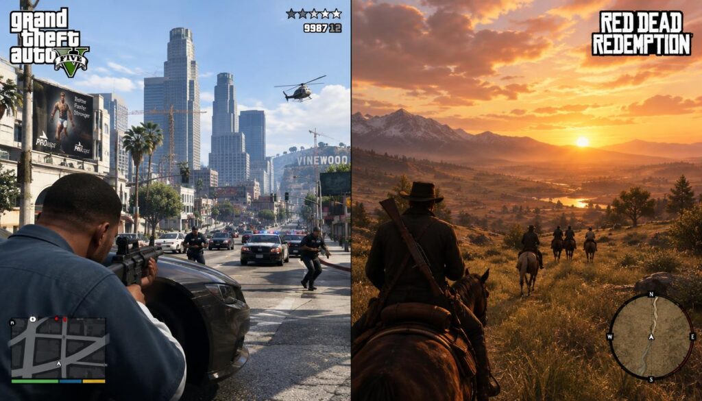 A split-screen comparison image showcasing the camera modes of Grand Theft Auto V and Red Dead Redemption. On the left, depict a bustling urban environment typical of GTA V, with detailed character models in modern clothing engaged in action, under bright daylight. The right side features a serene Wild West landscape typical of Red Dead Redemption, with characters in period-appropriate attire, riding horses across an expansive sunset-lit field. The foreground should have a distinct camera view from each game, accentuating the differences in perspective and detail level. The background should transition smoothly from the cityscape to the rugged wilderness, capturing the essence of each game's aesthetic. The lighting should enhance the contrast between the two worlds, with dynamic shadows and vibrant colors for an immersive atmosphere.