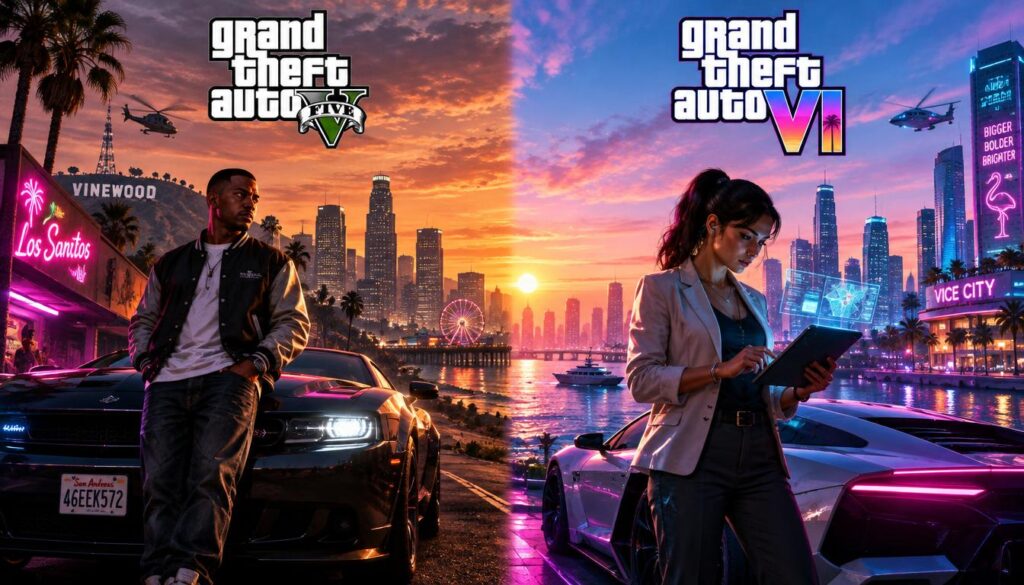 A split-screen image depicting contrasting scenes from GTA V on the left and GTA VI on the right. In the foreground, two players are engaged in action; the GTA V player, dressed in casual streetwear, stands confidently next to a car under neon lights, while the GTA VI player, in professional casual attire, interacts with an advanced gadget in a vibrant urban setting. The middle ground showcases iconic landmarks from each game, with detailed cityscapes that reflect their respective atmospheres — classic and nostalgic on the left, innovative and dynamic on the right. The background features a sunset sky, transitioning from dusk to dawn, symbolizing the evolution between the two games. The lighting is dramatic, highlighting the characters and their environments, creating an exciting, lively mood that captures the essence of gaming evolution. A split-screen image depicting contrasting scenes from GTA V on the left and GTA VI on the right. In the foreground, two players are engaged in action; the GTA V player, dressed in casual streetwear, stands confidently next to a car under neon lights, while the GTA VI player, in professional casual attire, interacts with an advanced gadget in a vibrant urban setting. The middle ground showcases iconic landmarks from each game, with detailed cityscapes that reflect their respective atmospheres — classic and nostalgic on the left, innovative and dynamic on the right. The background features a sunset sky, transitioning from dusk to dawn, symbolizing the evolution between the two games. The lighting is dramatic, highlighting the characters and their environments, creating an exciting, lively mood that captures the essence of gaming evolution.