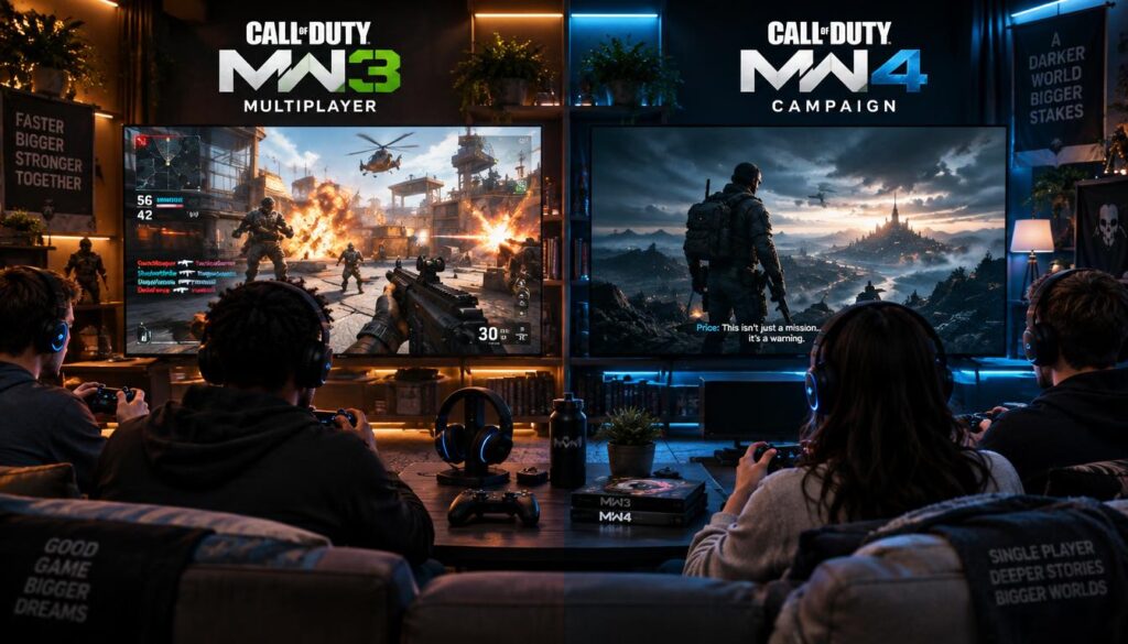 A split-screen image showcasing the contrasting experiences of players in "Call of Duty: MW3 Multiplayer" versus "MW4 Campaign". In the foreground, a group of diverse gamers, dressed in casual yet neat clothing, intensely focus on their respective screens, one side displaying an action-packed multiplayer match with vibrant explosions and dynamic movements, while the other depicts a gripping single-player campaign scene, filled with dramatic lighting and immersive environments. In the middle ground, gaming accessories like headsets and controllers create a cohesive atmosphere. The background features an upscale gaming room, illuminated by soft, ambient lighting that enhances the contrasting themes. This scene conveys a mood of excitement and competition, illustrating the evolution of gaming experiences from MW3 to MW4.