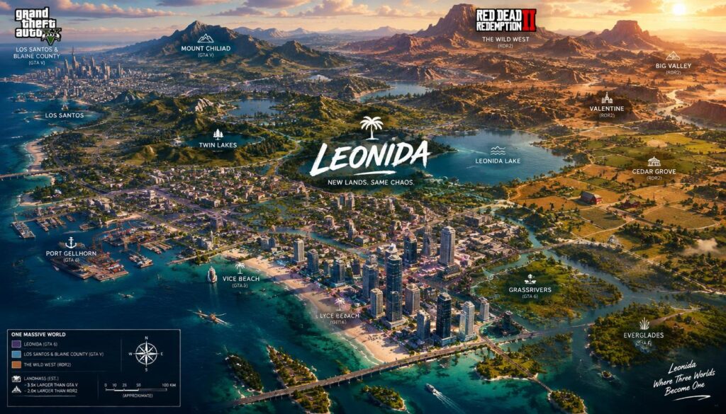 A sprawling, unofficial map of the GTA 6 area titled Leonida, seamlessly connected to the landscapes of GTA 5 and Red Dead Redemption 2. In the foreground, detailed topography features diverse urban environments with modern skyscrapers, cozy neighborhoods, and sprawling farmland reminiscent of prior GTA titles, showcasing vibrant colors and intricate design. The middle ground highlights a mix of rolling hills and bustling streets, contrasted with serene lakes and forests, creating a diverse landscape. In the background, soft sunlight bathes the entire scene, casting warm, inviting shadows that amplify the excitement of exploration. The camera angle offers a panoramic view, revealing a vast expanse that captures the size comparison with the other games, evoking anticipation and adventure in a dynamic gaming atmosphere.