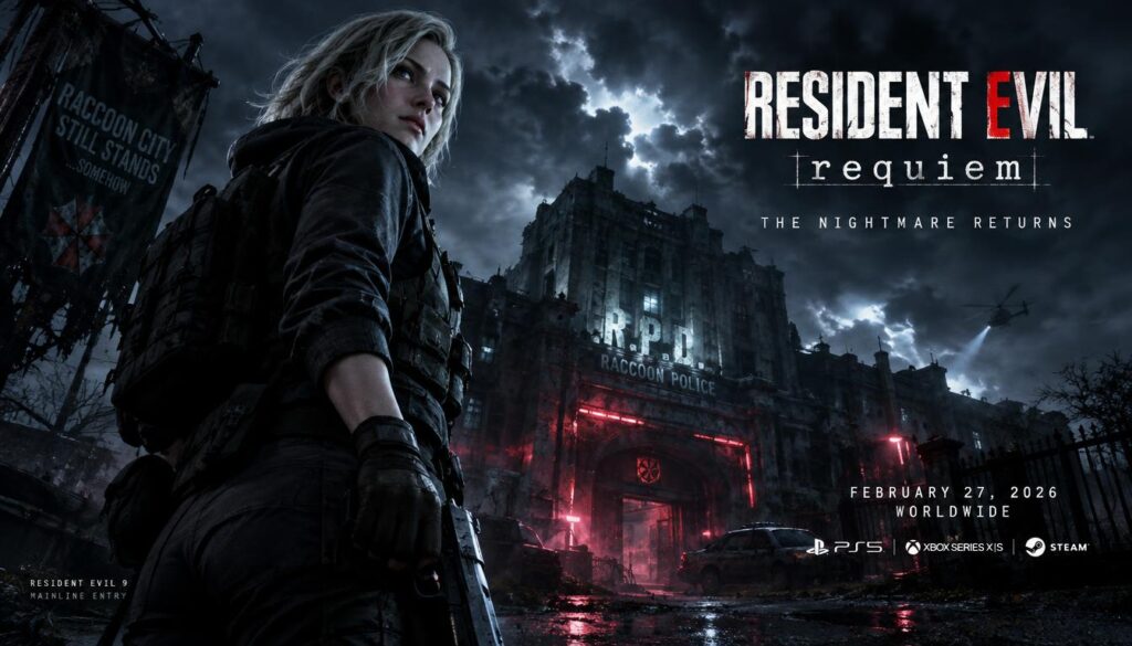 A striking visual representation of the launch details for "Resident Evil Requiem," the ninth mainline game in the series. In the foreground, a detailed, dynamic image of a key character from the game, dressed in modern, tactical gear, stands confidently. The middle ground features an ominous, dilapidated building, hinting at the game's dark environment, with glowing neon lights casting an eerie glow. In the background, a stormy sky adds drama, with dark clouds swirling above. The atmosphere should be tense and suspenseful, embodying the horror elements of the game. The lighting is moody, with sharp contrasts highlighting the character and structure. Capture the essence of survival horror and anticipation, framed from a low angle to emphasize urgency and excitement.