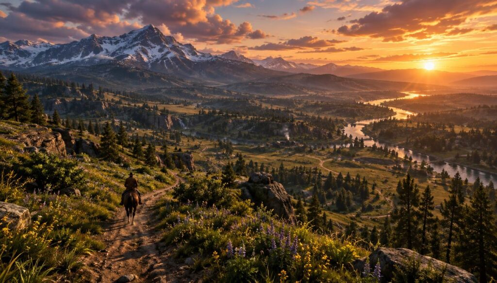 A stunning aerial view of a vast, idyllic landscape reminiscent of Red Dead Redemption 2, showcasing a winding trail that cuts across a broad, playable map filled with rich, diverse terrains. In the foreground, vibrant greenery and wildflowers frame the trail, hinting at a sense of adventure. The middle ground features rolling hills and scenic forests, with a distant glimpse of a tranquil river snaking through the landscape. In the background, mountains tower under a dramatic sky, painted with warm hues of sunset, casting soft, golden light over the scenery. The atmosphere is peaceful yet exhilarating, inviting the viewer to imagine exploration and discovery in this expansive world. Emphasize depth and perspective using a wide-angle lens effect. A stunning aerial view of a vast, idyllic landscape reminiscent of Red Dead Redemption 2, showcasing a winding trail that cuts across a broad, playable map filled with rich, diverse terrains. In the foreground, vibrant greenery and wildflowers frame the trail, hinting at a sense of adventure. The middle ground features rolling hills and scenic forests, with a distant glimpse of a tranquil river snaking through the landscape. In the background, mountains tower under a dramatic sky, painted with warm hues of sunset, casting soft, golden light over the scenery. The atmosphere is peaceful yet exhilarating, inviting the viewer to imagine exploration and discovery in this expansive world. Emphasize depth and perspective using a wide-angle lens effect.