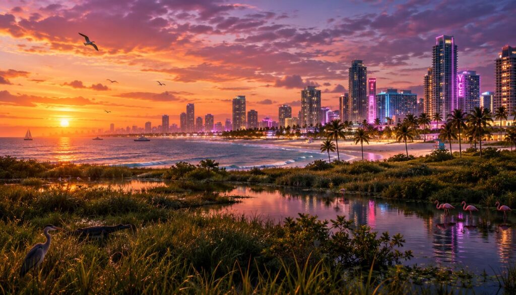 A stunning view of a Vice City-inspired skyline at twilight, with vibrant neon lights reflecting off sleek modern skyscrapers. In the foreground, lush Leonida wetlands teeming with wildlife, featuring tall grass and serene water bodies, creating a contrast against the urban environment. In the middle, the coastal areas with gentle waves lapping against white sandy beaches, dotted with palm trees swaying in the warm breeze. The background showcases a dramatic sunset, casting an orange and purple hue across the sky, while seagulls can be seen flying above. The composition should have a wide-angle lens effect to capture the expansive scenery, with soft, warm lighting illuminating the wetlands and cityscape, evoking a lively yet tranquil atmosphere. A stunning view of a Vice City-inspired skyline at twilight, with vibrant neon lights reflecting off sleek modern skyscrapers. In the foreground, lush Leonida wetlands teeming with wildlife, featuring tall grass and serene water bodies, creating a contrast against the urban environment. In the middle, the coastal areas with gentle waves lapping against white sandy beaches, dotted with palm trees swaying in the warm breeze. The background showcases a dramatic sunset, casting an orange and purple hue across the sky, while seagulls can be seen flying above. The composition should have a wide-angle lens effect to capture the expansive scenery, with soft, warm lighting illuminating the wetlands and cityscape, evoking a lively yet tranquil atmosphere.