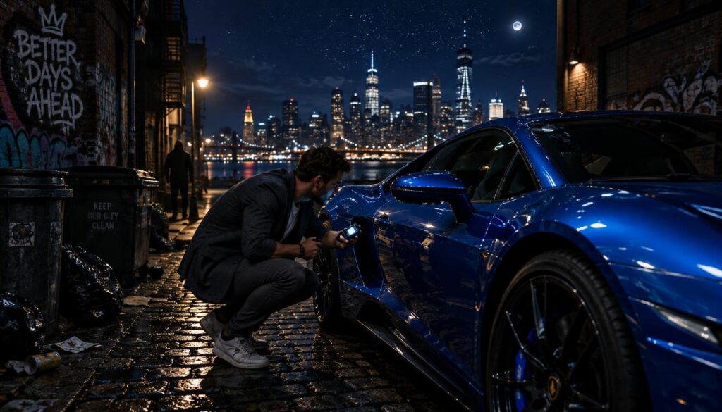 A tense scene unfolds at night in a dimly lit urban environment. In the foreground, a player in smart casual attire inspects a sleek, high-end sports car, its glossy exterior reflecting the streetlights. The player is focused, crouching slightly by the driver’s side door, examining the locks and high-tech features. The car, a vibrant shade of metallic blue, is parked on a cobblestone street, with hints of graffiti and trash cans adding to the gritty ambiance. In the middle ground, shadows cast by nearby buildings loom ominously, enhancing the feeling of suspense. The background shows a city skyline under a deep, starry sky. The overall mood is edgy and thrilling, with a touch of urgency, as if mischief is about to unfold.