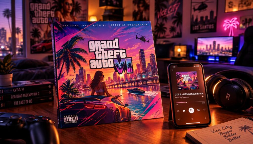 A vibrant album cover for GTA 6 is placed prominently beside a sleek music player, displaying its modern design. The album cover features an artistic depiction of urban landscapes, rich colors, and dynamic abstract shapes that reflect the energy of the game. In the foreground, the music player glows softly, with its screen backlit in a warm hue, casting gentle light onto the cover art. The middle ground includes a cozy room setup, with a subtle hint of posters on the walls that represent GTA themes. The background is softly blurred, hinting at a typical gamer’s environment that conveys excitement and anticipation. The overall mood is energetic and colorful, embodying the essence of the GTA 6 soundtrack. The image is lit with warm, inviting tones, creating a feeling of nostalgia and modern gaming culture. A vibrant album cover for GTA 6 is placed prominently beside a sleek music player, displaying its modern design. The album cover features an artistic depiction of urban landscapes, rich colors, and dynamic abstract shapes that reflect the energy of the game. In the foreground, the music player glows softly, with its screen backlit in a warm hue, casting gentle light onto the cover art. The middle ground includes a cozy room setup, with a subtle hint of posters on the walls that represent GTA themes. The background is softly blurred, hinting at a typical gamer’s environment that conveys excitement and anticipation. The overall mood is energetic and colorful, embodying the essence of the GTA 6 soundtrack. The image is lit with warm, inviting tones, creating a feeling of nostalgia and modern gaming culture.