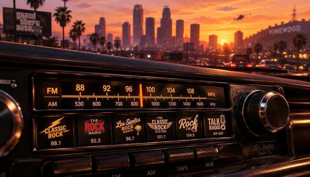 A vibrant and detailed depiction of a GTA-themed radio dial featuring classic rock and talk radio formats. In the foreground, a sleek, black radio dial with illuminated station numbers is prominently displayed, showing familiar frequencies for classic rock stations. The middle ground includes the radio's tuning knob and various vintage-style station logos, reflecting the essence of the classic rock genre. In the background, a rich, urban skyline illuminated by sunset colors casts a warm glow. The scene has a nostalgic, energetic atmosphere, evoking the spirit of road trips and urban adventures. Soft, diffused lighting creates a cozy ambiance, with a slight bokeh effect to enhance depth. Framed from a slight angle to capture the dynamic details of the dial.