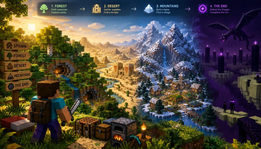 A vibrant and detailed illustration of a four-stage Minecraft route from spawn to the End dimension. In the foreground, display the character in classic Minecraft attire, preparing for adventure with tools. The first stage features a lush, green forest with pixelated trees and hidden caves, while the second stage transitions into a desert biome, showcasing sand dunes and occasional desert temples. The third stage depicts a mountainous region with snow-capped peaks and a cozy village nestled below. In the background, illustrate the ominous End dimension, with dark, floating islands and the Ender Dragon looming in the sky. Utilize soft, golden lighting for the forest stage, cool blue tones for the mountain stage, and dark, moody hues for the End. The overall atmosphere should evoke a sense of adventure and excitement, inviting viewers to embark on the speedrun journey.