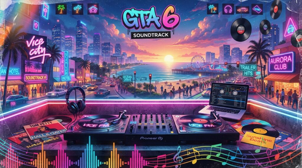 A vibrant and dynamic digital collage showcasing the essence of the "GTA 6 Soundtrack," focusing on trailer songs and extended look tracks. The foreground features a DJ setup with professional audio equipment, vinyl records scattered around, and colorful sound wave graphics. In the middle, an abstract representation of iconic GTA locations emerges, with hints of urban landscapes, neon lights, and bustling streets, reflecting the game's vibrant atmosphere. The background showcases a stylized city skyline under a twilight sky, illuminated by neon colors, creating an energetic and immersive vibe. Soft, colorful lighting bathes the scene, creating a high-energy mood that evokes excitement and anticipation. The composition should capture the auditory experience of music intertwined with the gaming environment, inviting viewers into the world of GTA 6. A vibrant and dynamic digital collage showcasing the essence of the "GTA 6 Soundtrack," focusing on trailer songs and extended look tracks. The foreground features a DJ setup with professional audio equipment, vinyl records scattered around, and colorful sound wave graphics. In the middle, an abstract representation of iconic GTA locations emerges, with hints of urban landscapes, neon lights, and bustling streets, reflecting the game's vibrant atmosphere. The background showcases a stylized city skyline under a twilight sky, illuminated by neon colors, creating an energetic and immersive vibe. Soft, colorful lighting bathes the scene, creating a high-energy mood that evokes excitement and anticipation. The composition should capture the auditory experience of music intertwined with the gaming environment, inviting viewers into the world of GTA 6.