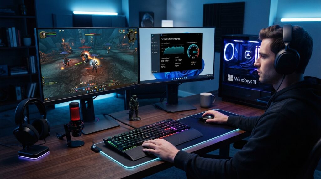 A vibrant and dynamic office setup centered around a sleek gaming PC running Windows 11. In the foreground, ultra-modern peripherals like a gaming mouse and keyboard with RGB lighting are illuminated, reflecting a sense of high performance. The middle ground features a dual-monitor setup displaying a bustling online game environment, with network diagnostics open on one screen. In the background, soft ambient lighting casts a cool blue hue over the room, enhancing the tech-savvy atmosphere. Subtle graphical elements like digital speedometers and connection bars subtly indicate improved network performance. The overall mood is focused and energetic, capturing the essence of a gamer troubleshooting to enhance their online experience. The angle is slightly elevated, offering a comprehensive view of the workspace while maintaining clarity in detail.