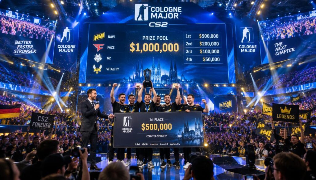 A vibrant and dynamic scene showcasing a large stage at the Cologne Major esports tournament, filled with cheering fans. In the foreground, a well-dressed host presents a giant prize pool check, surrounded by excited team members in professional attire, celebrating their achievements. The middle ground features a digital screen displaying the prize amounts and team logos, with spotlights casting dramatic beams across the stage. In the background, a bustling crowd of fans wave flags and hold signs, with colorful lights illuminating the venue, creating an upbeat and electric atmosphere. Capture the excitement and competitive spirit of the event, emphasizing teamwork and success. Use bright lighting and a wide-angle perspective to enhance the sense of grandeur and enthusiasm in this esports moment.