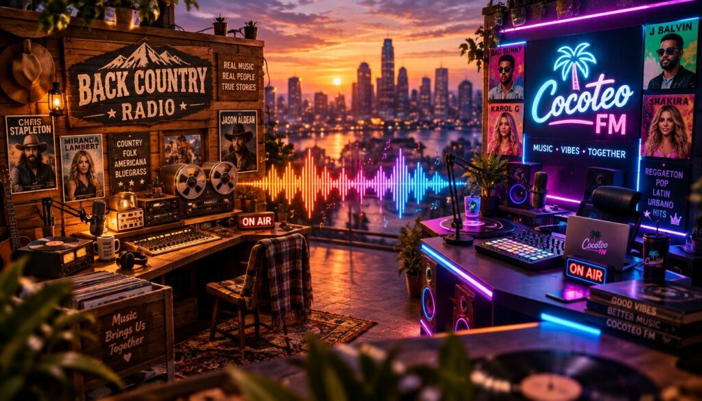 A vibrant and dynamic scene showcasing the "Back Country Radio" and "Cocoteo FM" stations designed to represent a celebration of music. In the foreground, two distinct radio station setups are depicted: "Back Country Radio" features rustic elements like wooden panels and vintage recording equipment, while "Cocoteo FM" boasts modern aesthetics with neon lights and sleek gadgets. Both stations are adorned with colorful posters of featured songs and artists. In the middle ground, an artistic representation of sound waves visually pulsates between the stations, symbolizing a connection through music. The background features an abstract city skyline at twilight, with warm, fading sunlight casting a golden hue, creating an energetic and nostalgic mood. The image is captured from a slight aerial perspective with soft focus at the edges, emphasizing the central details.