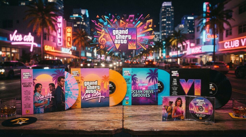 A vibrant and dynamic scene showcasing the album singles and announced vinyl and CD editions for GTA 6. In the foreground, display four unique vinyl records, each with distinct artwork and colors, arranged artistically on a stylish wooden table. Beside them, a sleek CD case lays open, revealing its colorful inner sleeve. In the middle ground, a blurred cityscape inspired by the game's aesthetic, featuring neon lights and iconic buildings, adds depth and immersion. The background features a playful burst of musical notes and abstract shapes that represent the energy of the soundtrack. The lighting is dramatic, highlighting the records with warm hues, creating a nostalgic yet modern atmosphere. Use a wide-angle lens effect to enhance the visual appeal, capturing the essence of a vibrant music culture intertwined with the game world. A vibrant and dynamic scene showcasing the album singles and announced vinyl and CD editions for GTA 6. In the foreground, display four unique vinyl records, each with distinct artwork and colors, arranged artistically on a stylish wooden table. Beside them, a sleek CD case lays open, revealing its colorful inner sleeve. In the middle ground, a blurred cityscape inspired by the game's aesthetic, featuring neon lights and iconic buildings, adds depth and immersion. The background features a playful burst of musical notes and abstract shapes that represent the energy of the soundtrack. The lighting is dramatic, highlighting the records with warm hues, creating a nostalgic yet modern atmosphere. Use a wide-angle lens effect to enhance the visual appeal, capturing the essence of a vibrant music culture intertwined with the game world.