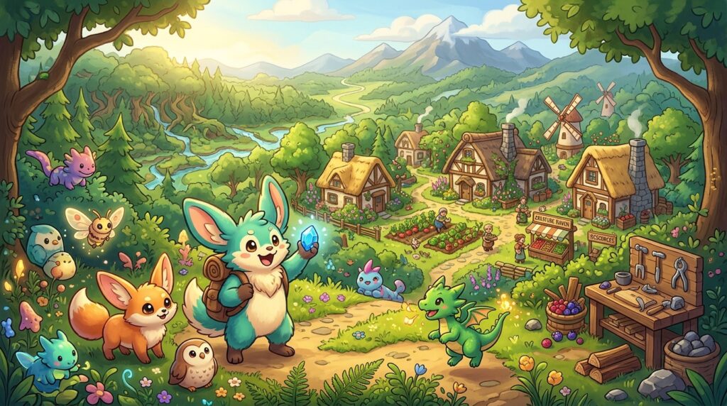 A vibrant and whimsical scene showcasing a split world of creature collection and cozy survival elements. In the foreground, a cheerful, anthropomorphic creature holding a shiny gem, surrounded by various cute creatures like chubby foxes and tiny dragons, illustrated with colorful, glossy textures. In the middle layer, a quaint village with charming cottages and lush greenery, where players can gather resources, adorned with blooming flowers and animated plants. The background features a tranquil forest and rolling hills, bathed in warm sunlight creating a soft, inviting atmosphere. Use a slight bird's-eye perspective to capture the lively details, and add gentle shadows for depth, evoking a sense of wonder and exploration in a cozy gaming world. A vibrant and whimsical scene showcasing a split world of creature collection and cozy survival elements. In the foreground, a cheerful, anthropomorphic creature holding a shiny gem, surrounded by various cute creatures like chubby foxes and tiny dragons, illustrated with colorful, glossy textures. In the middle layer, a quaint village with charming cottages and lush greenery, where players can gather resources, adorned with blooming flowers and animated plants. The background features a tranquil forest and rolling hills, bathed in warm sunlight creating a soft, inviting atmosphere. Use a slight bird's-eye perspective to capture the lively details, and add gentle shadows for depth, evoking a sense of wonder and exploration in a cozy gaming world.