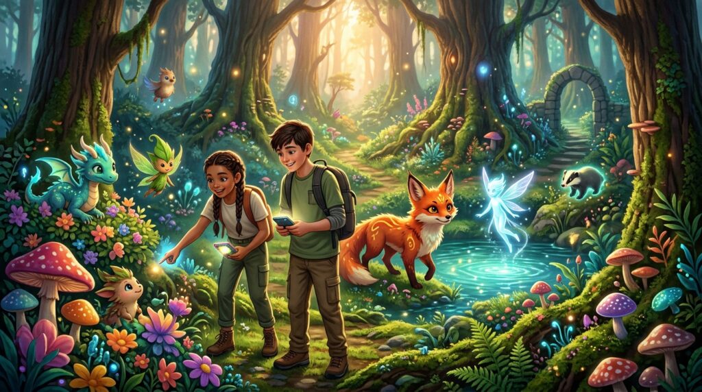 A vibrant creature collection game scene unfolds in a lush, idyllic forest. In the foreground, two explorers dressed in modest casual clothing hold handheld devices, eagerly interacting with fantastical creatures peeking from behind colorful mushrooms and vibrant flowers. The middle ground reveals a diverse array of whimsical creatures: a glowing, ethereal sprite flits above a shimmering pond, while a friendly, larger creature resembling a playful fox watches curiously. The background presents towering trees with dappled sunlight filtering through the leaves, casting a warm, inviting glow across the landscape. The atmosphere is one of excitement and discovery, inviting players into a magical world filled with adventure. The composition captures a wide-angle view for a sense of immersion, while the overall color palette is rich with greens, blues, and soft pastels to evoke a sense of wonder. A vibrant creature collection game scene unfolds in a lush, idyllic forest. In the foreground, two explorers dressed in modest casual clothing hold handheld devices, eagerly interacting with fantastical creatures peeking from behind colorful mushrooms and vibrant flowers. The middle ground reveals a diverse array of whimsical creatures: a glowing, ethereal sprite flits above a shimmering pond, while a friendly, larger creature resembling a playful fox watches curiously. The background presents towering trees with dappled sunlight filtering through the leaves, casting a warm, inviting glow across the landscape. The atmosphere is one of excitement and discovery, inviting players into a magical world filled with adventure. The composition captures a wide-angle view for a sense of immersion, while the overall color palette is rich with greens, blues, and soft pastels to evoke a sense of wonder.