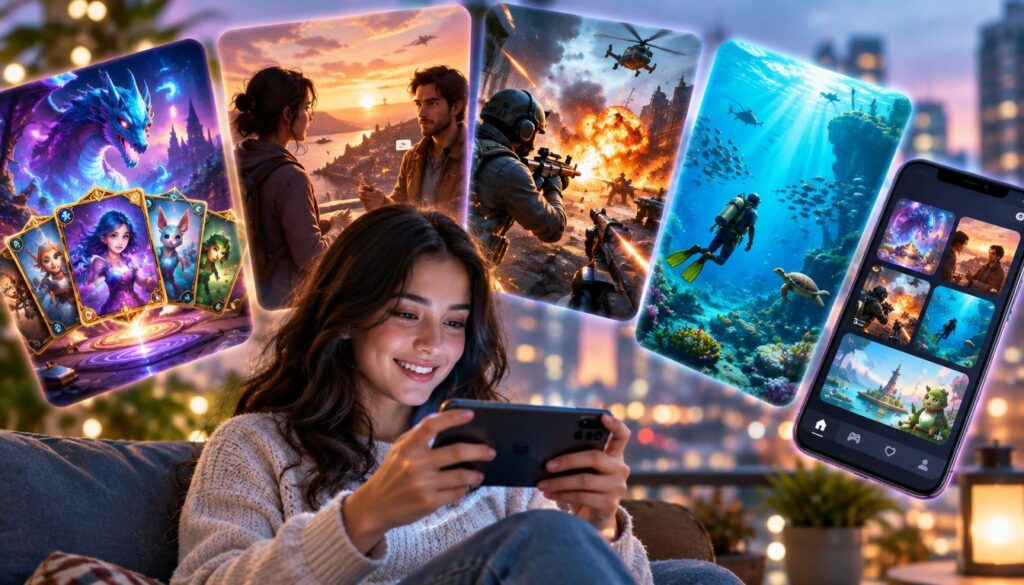 A vibrant digital artwork showcasing five mobile games, each represented by distinct visual themes: 1) An enchanting card game with colorful fantasy cards and mystical creatures at the forefront. 2) A gripping storytelling game, featuring a dramatic sunset and characters in intriguing mid-conversation. 3) An action-packed shooting game with intense gameplay scenes, showcasing dynamic lighting and vivid explosions. 4) An underwater diving adventure, emphasizing a serene aquatic landscape with schools of fish and sun rays piercing through the water. 5) A relaxing phone interface displaying the games in a sleek, modern setting. Set against a blurred urban background under soft ambient lighting, capture a playful yet exciting atmosphere, highlighting the diversity of mobile gaming experiences available. The artwork should have no text or branding.