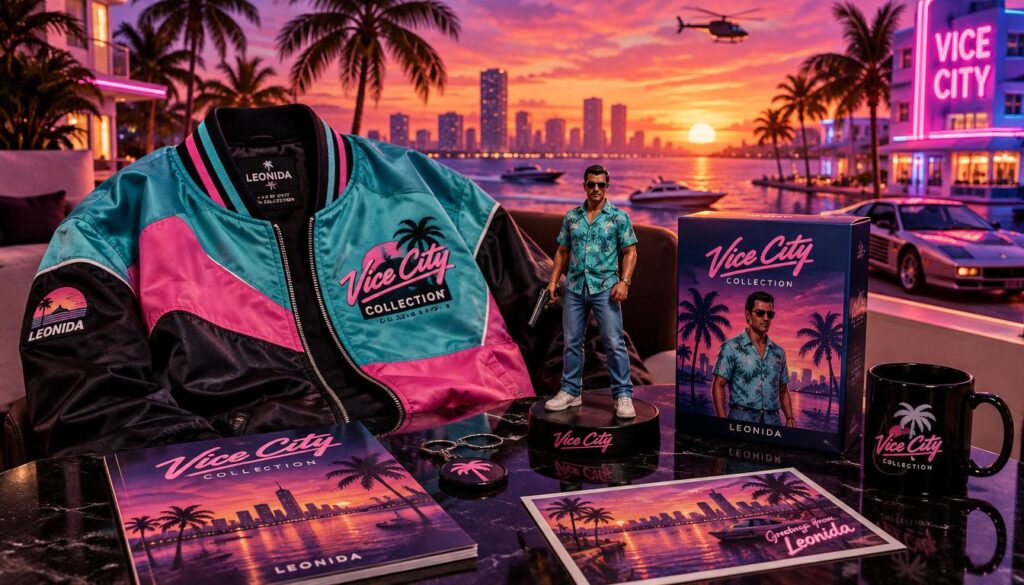 A vibrant display of Vice City Collection merchandise inspired by Leonida, featuring a sleek, retro-style jacket and a collectible figurine of a character reminiscent of classic video game aesthetics. In the foreground, the merchandise is artistically arranged on a glossy table, with soft lighting highlighting the detailed textures and colors of the items. The middle ground showcases iconic Vice City elements, such as neon signs and palm trees, subtly blending into the background, which includes a sunset sky with warm oranges and purples, evoking a nostalgic 80s vibe. The overall mood is energetic and vibrant, reflecting the lively spirit of the Vice City theme. The camera angle is slightly elevated, providing a clear view of the merchandise while capturing the dynamic atmosphere of the setting. A vibrant display of Vice City Collection merchandise inspired by Leonida, featuring a sleek, retro-style jacket and a collectible figurine of a character reminiscent of classic video game aesthetics. In the foreground, the merchandise is artistically arranged on a glossy table, with soft lighting highlighting the detailed textures and colors of the items. The middle ground showcases iconic Vice City elements, such as neon signs and palm trees, subtly blending into the background, which includes a sunset sky with warm oranges and purples, evoking a nostalgic 80s vibe. The overall mood is energetic and vibrant, reflecting the lively spirit of the Vice City theme. The camera angle is slightly elevated, providing a clear view of the merchandise while capturing the dynamic atmosphere of the setting.