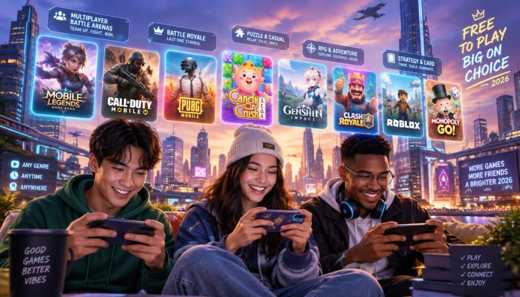 A vibrant, dynamic scene showcasing a variety of free-to-play mobile games tailored for players in 2026. In the foreground, a diverse group of three individuals—each wearing casual, modern clothing—enthusiastically engaging with their smartphones, showcasing different game genres. The middle layer features high-resolution visuals of game icons, ranging from multiplayer battle arenas to puzzle games, emanating an inviting glow. In the background, a cityscape hinting at a futuristic design is illuminated with soft, ambient lighting that suggests evening twilight, casting a warm, inviting atmosphere. The angle captures an eye-level perspective, immersing viewers in the lively energy of mobile gaming culture, emphasizing excitement and choice. The overall mood is engaging and optimistic, reflecting the thrill of gaming exploration for mobile players.