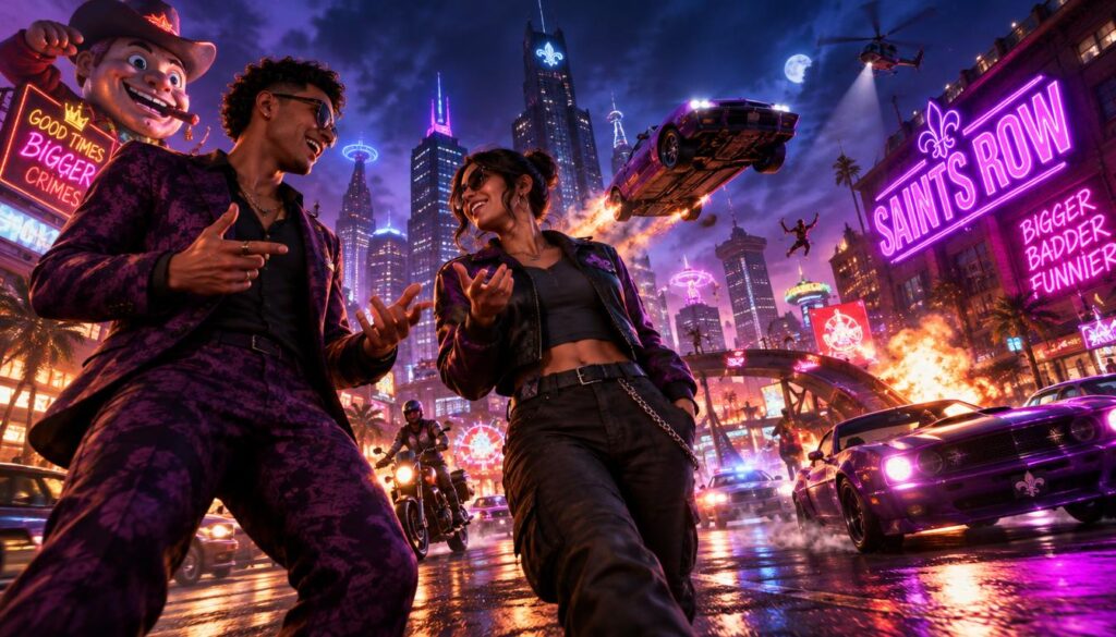 A vibrant, dynamic street scene symbolizing the evolution of gang drama into an exhilarating spectacle. In the foreground, two well-dressed characters engage in an animated conversation, embodying the charm and humor that Saints Row is known for, with expressive body language. The middle ground showcases a bustling cityscape filled with colorful vehicles and over-the-top stunts, like a car flying through the air, capturing the essence of chaotic fun. In the background, neon signs illuminate a night sky, creating a lively atmosphere, while an impressive skyline looms with silhouetted skyscrapers. Use dramatic, contrasting lighting to highlight the characters and action, shot from a low angle for a sense of grandeur and excitement. The overall mood should be playful and energetic, reflecting the shift to a more spectacular narrative. A vibrant, dynamic street scene symbolizing the evolution of gang drama into an exhilarating spectacle. In the foreground, two well-dressed characters engage in an animated conversation, embodying the charm and humor that Saints Row is known for, with expressive body language. The middle ground showcases a bustling cityscape filled with colorful vehicles and over-the-top stunts, like a car flying through the air, capturing the essence of chaotic fun. In the background, neon signs illuminate a night sky, creating a lively atmosphere, while an impressive skyline looms with silhouetted skyscrapers. Use dramatic, contrasting lighting to highlight the characters and action, shot from a low angle for a sense of grandeur and excitement. The overall mood should be playful and energetic, reflecting the shift to a more spectacular narrative.