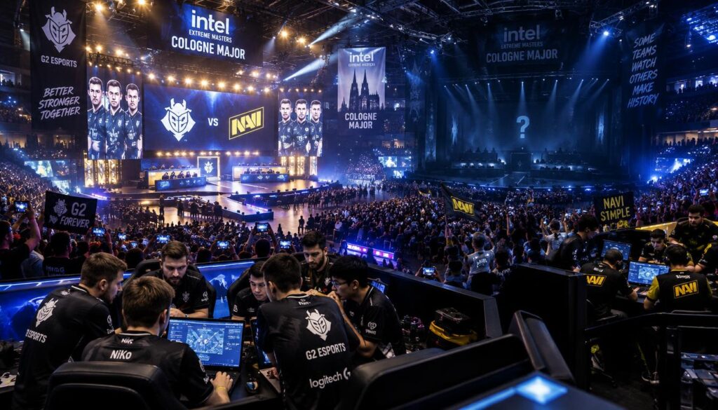 A vibrant esports arena bustling with activity, showcasing teams preparing for the Cologne Major. In the foreground, a diverse group of professional gamers in sleek, modern uniforms are focused on their strategies, huddled around laptops and digital displays. The middle of the scene features two separate stages, one illuminated with bright spotlights and large screens displaying team logos, while the other is shrouded in anticipation, dimly lit to create an air of mystery. In the background, excited fans wave banners and hold up smartphones, capturing the electric atmosphere. The overall mood is competitive and energetic, with dramatic lighting highlighting the intensity of the moment. The perspective emphasizes depth, providing a panoramic view of this thrilling esports event.
