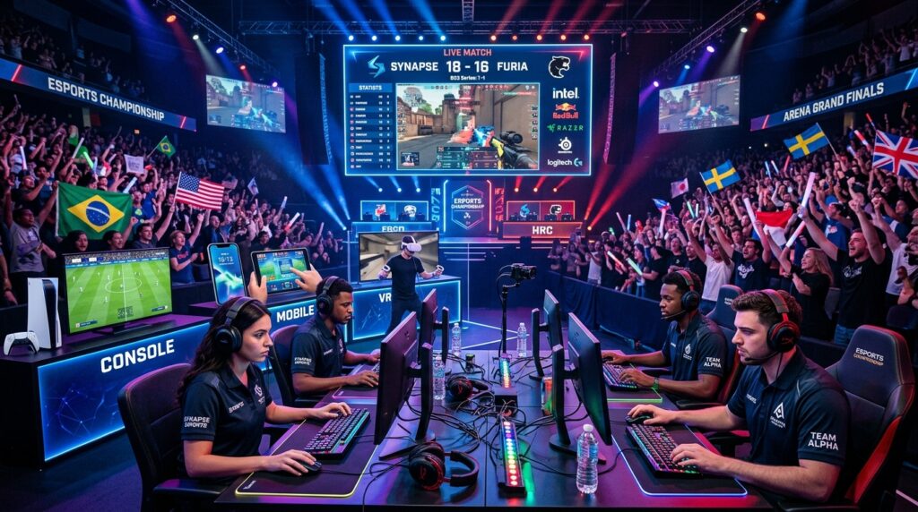A vibrant esports competition scene showcasing diverse gamers engaged in intense gameplay across four distinct platforms: PC, console, mobile, and VR. In the foreground, a professional gaming team, dressed in matching business casual attire, intensely focuses on their screens, surrounded by colorful LED lights and energetic gaming gear. In the middle ground, a large digital scoreboard displays live scores and game stats, while a cheering crowd in the background waves flags and shows support. The atmosphere is electrifying, filled with anticipation and excitement. The lighting is dynamic and colorful, emanating from the screens and stage, capturing the essence of a modern esports arena. The angle is slightly elevated, providing a wide view that highlights the action and the engaging environment of the competition. A vibrant esports competition scene showcasing diverse gamers engaged in intense gameplay across four distinct platforms: PC, console, mobile, and VR. In the foreground, a professional gaming team, dressed in matching business casual attire, intensely focuses on their screens, surrounded by colorful LED lights and energetic gaming gear. In the middle ground, a large digital scoreboard displays live scores and game stats, while a cheering crowd in the background waves flags and shows support. The atmosphere is electrifying, filled with anticipation and excitement. The lighting is dynamic and colorful, emanating from the screens and stage, capturing the essence of a modern esports arena. The angle is slightly elevated, providing a wide view that highlights the action and the engaging environment of the competition.