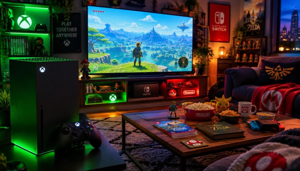 A vibrant gaming setup featuring an Xbox Series X prominently in the foreground, consoles in sleek black design with glowing green accents. In the middle ground, a large screen displays iconic gameplay footage from a Nintendo Switch game, such as "The Legend of Zelda" or "Animal Crossing," showcasing colorful graphics. The background is a cozy room atmosphere, dimly lit with ambient LED lights creating a gaming ambiance. A stylish coffee table is adorned with Nintendo-themed merchandise and snacks, emphasizing a casual gaming environment. The scene radiates excitement and wonder, highlighting the fusion of two gaming worlds. Use a wide-angle perspective to capture the entire setup vividly and enhance the atmosphere, focusing on rich colors and contrast, evoking the thrill of gaming.