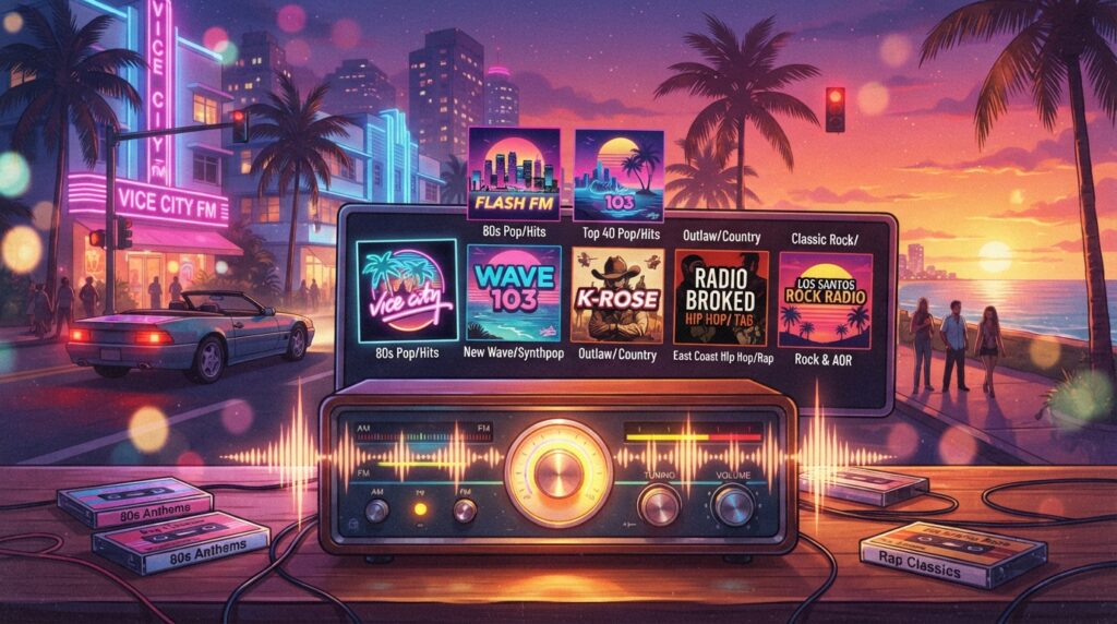 A vibrant illustration showcasing six confirmed radio stations from Grand Theft Auto 6, creatively arranged in a dynamic layout. In the foreground, depict a retro-style radio receiver featuring station dials labeled with fictional names, surrounded by colorful album covers and sound waves emanating from the speakers. The middle ground features hints to Vice City FM, including neon motifs reminiscent of the 80s and palm trees, evocative of a tropical urban landscape. The background showcases a stylized sunset over a city skyline, bathed in rich oranges and purples, casting a warm glow across the scene. The atmosphere should evoke nostalgia and excitement, capturing the essence of a lively radio experience in a bustling city. Use soft lighting and a slightly blurred depth for a dreamy effect. A vibrant illustration showcasing six confirmed radio stations from Grand Theft Auto 6, creatively arranged in a dynamic layout. In the foreground, depict a retro-style radio receiver featuring station dials labeled with fictional names, surrounded by colorful album covers and sound waves emanating from the speakers. The middle ground features hints to Vice City FM, including neon motifs reminiscent of the 80s and palm trees, evocative of a tropical urban landscape. The background showcases a stylized sunset over a city skyline, bathed in rich oranges and purples, casting a warm glow across the scene. The atmosphere should evoke nostalgia and excitement, capturing the essence of a lively radio experience in a bustling city. Use soft lighting and a slightly blurred depth for a dreamy effect.