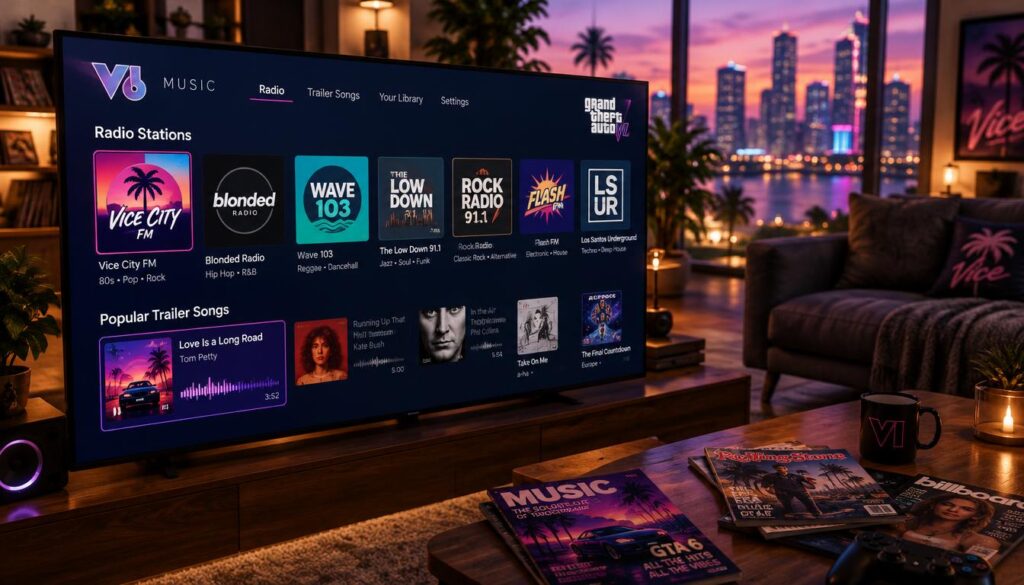 A vibrant music screen displays a variety of radio station icons alongside popular trailer songs, set against a sleek, modern interface. In the foreground, the screen itself glows softly, highlighting colorful logos and album art, with clear details like waveforms and song titles. The middle ground features a stylish room with ambient lighting, hinting at a cozy atmosphere, complete with a plush sofa and a coffee table strewn with music magazines. The background is blurred, suggesting a lively urban environment outside the window, with city lights twinkling in the twilight. The overall mood is nostalgic yet contemporary, evoking a sense of excitement for the soundtrack of "GTA 6." The scene is illuminated with warm, inviting light, captured from a slightly elevated perspective to showcase the music screen prominently.