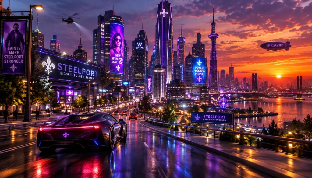 A vibrant, refreshed view of the Steelport cityscape, showcasing a modernized urban design with updated lighting illuminating iconic buildings and streets. In the foreground, a sleek, futuristic vehicle glides down a well-maintained street, reflecting colorful lights. The middle ground features high-rise buildings with contemporary architecture, enhanced by LED signs and innovative lighting setups. The background captures a lively skyline at dusk, with the sun setting in warm hues of orange and purple, casting dramatic shadows. Soft bokeh effects highlight the scene's bustling atmosphere, while the overall mood conveys excitement and innovation, suggesting a blend of nostalgia and progress in this revitalized version of Steelport. Use a wide-angle lens to encapsulate the expansive landscape. A vibrant, refreshed view of the Steelport cityscape, showcasing a modernized urban design with updated lighting illuminating iconic buildings and streets. In the foreground, a sleek, futuristic vehicle glides down a well-maintained street, reflecting colorful lights. The middle ground features high-rise buildings with contemporary architecture, enhanced by LED signs and innovative lighting setups. The background captures a lively skyline at dusk, with the sun setting in warm hues of orange and purple, casting dramatic shadows. Soft bokeh effects highlight the scene's bustling atmosphere, while the overall mood conveys excitement and innovation, suggesting a blend of nostalgia and progress in this revitalized version of Steelport. Use a wide-angle lens to encapsulate the expansive landscape.