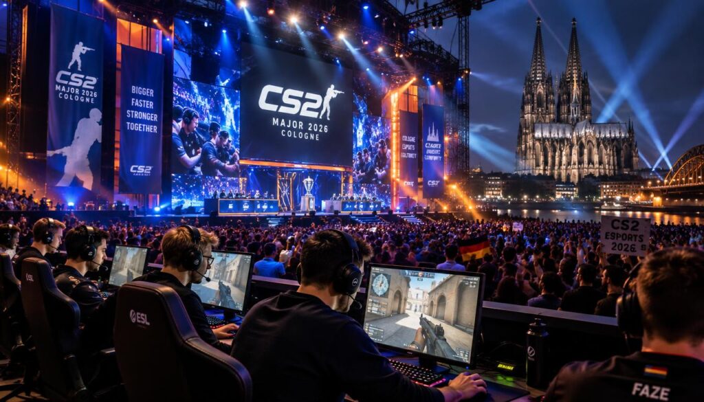 A vibrant scene capturing the excitement of the CS2 Major 2026 event in Cologne. In the foreground, a diverse group of professional gamers, dressed in smart casual attire, intently focused on their screens as they compete in a tournament. The middle ground features a large, illuminated stage adorned with colorful banners and a prominent CS2 logo, bustling with activity as fans cheer in the background. In the backdrop, the iconic Cologne Cathedral stands majestically, partially illuminated by dynamic stage lights, symbolizing the fusion of culture and esports. The atmosphere is electric, filled with anticipation and camaraderie, enhanced by dramatic lighting that casts dynamic shadows, creating depth and excitement in the scene. The angle captures an immersive perspective, allowing the viewer to feel the energy of the crowd and the intensity of the competition.