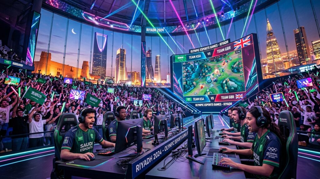 A vibrant scene depicting Riyadh as the host city for the original Olympic Esports Games, showcasing a modern, futuristic stadium filled with cheering crowds. In the foreground, diverse gamers in professional attire are intensely focused on high-tech gaming setups, exhibiting teamwork and excitement. The middle ground features a large digital screen displaying an iconic esports tournament, with bright neon lights and animated graphics enhancing the atmosphere. In the background, the skyline of Riyadh shines with illuminated skyscrapers and historical architecture, indicating a blend of tradition and innovation. The image is bathed in dynamic lighting, emphasizing both the intensity of the competition and the celebration of technology and sports, capturing an energetic yet professional mood through a wide-angle lens perspective.