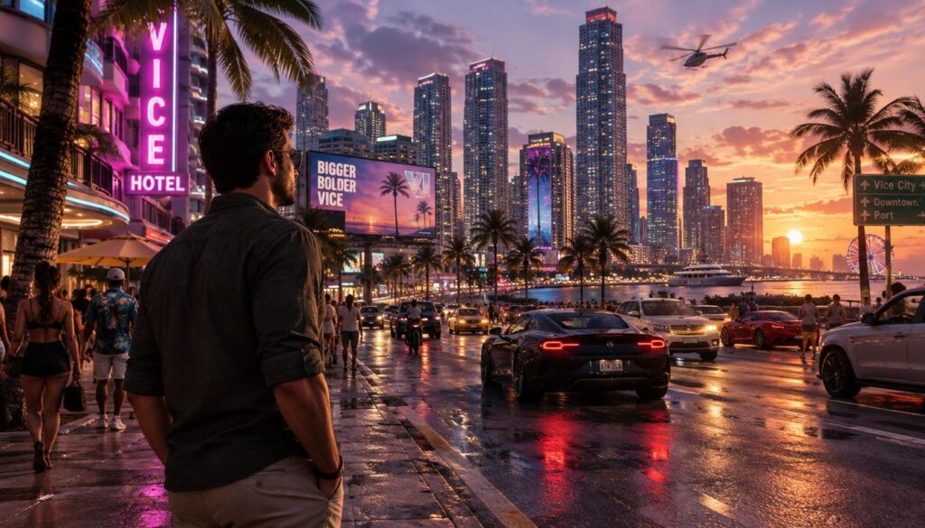 A vibrant scene depicting an intense moment from the single-player story of "GTA 6," showcasing a bustling urban environment. In the foreground, a character in professional casual wear stands confidently at the edge of a busy street, observing the city. Their expression reflects determination and excitement for the adventure ahead. The middle ground features a mix of diverse pedestrians and vehicles, with neon signs illuminating the atmosphere. In the background, towering modern skyscrapers rise against a twilight sky, casting dynamic shadows. The lighting is warm, enhancing the cinematic, immersive ambiance. The shot is taken at a slight angle to create depth, inviting the viewer into the action of the game. Aim for a realistic art style with intricate details that highlight the game's vibrant world and mood. A vibrant scene depicting an intense moment from the single-player story of "GTA 6," showcasing a bustling urban environment. In the foreground, a character in professional casual wear stands confidently at the edge of a busy street, observing the city. Their expression reflects determination and excitement for the adventure ahead. The middle ground features a mix of diverse pedestrians and vehicles, with neon signs illuminating the atmosphere. In the background, towering modern skyscrapers rise against a twilight sky, casting dynamic shadows. The lighting is warm, enhancing the cinematic, immersive ambiance. The shot is taken at a slight angle to create depth, inviting the viewer into the action of the game. Aim for a realistic art style with intricate details that highlight the game's vibrant world and mood.