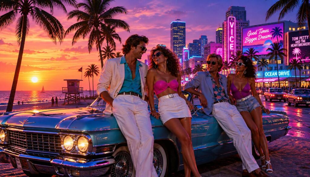 A vibrant scene inspired by a classic Vice City trailer, showcasing a retro aesthetic with neon lights and palm trees swaying under a twilight sky. The foreground features a classic convertible car parked beside a beach, with the sun setting in the background casting a warm glow. In the middle, a group of stylishly dressed characters in 1980s attire leans against the car, laughing and enjoying the atmosphere, evoking a sense of nostalgia. The background captures an urban skyline adorned with colorful neon signs and billboards reflecting the vibrant nightlife. The lighting emphasizes the lively, upbeat mood, reminiscent of Tom Petty's energetic songs. The camera angle is slightly low, capturing the dynamic essence of the scene, creating an inviting and lively atmosphere. A vibrant scene inspired by a classic Vice City trailer, showcasing a retro aesthetic with neon lights and palm trees swaying under a twilight sky. The foreground features a classic convertible car parked beside a beach, with the sun setting in the background casting a warm glow. In the middle, a group of stylishly dressed characters in 1980s attire leans against the car, laughing and enjoying the atmosphere, evoking a sense of nostalgia. The background captures an urban skyline adorned with colorful neon signs and billboards reflecting the vibrant nightlife. The lighting emphasizes the lively, upbeat mood, reminiscent of Tom Petty's energetic songs. The camera angle is slightly low, capturing the dynamic essence of the scene, creating an inviting and lively atmosphere.