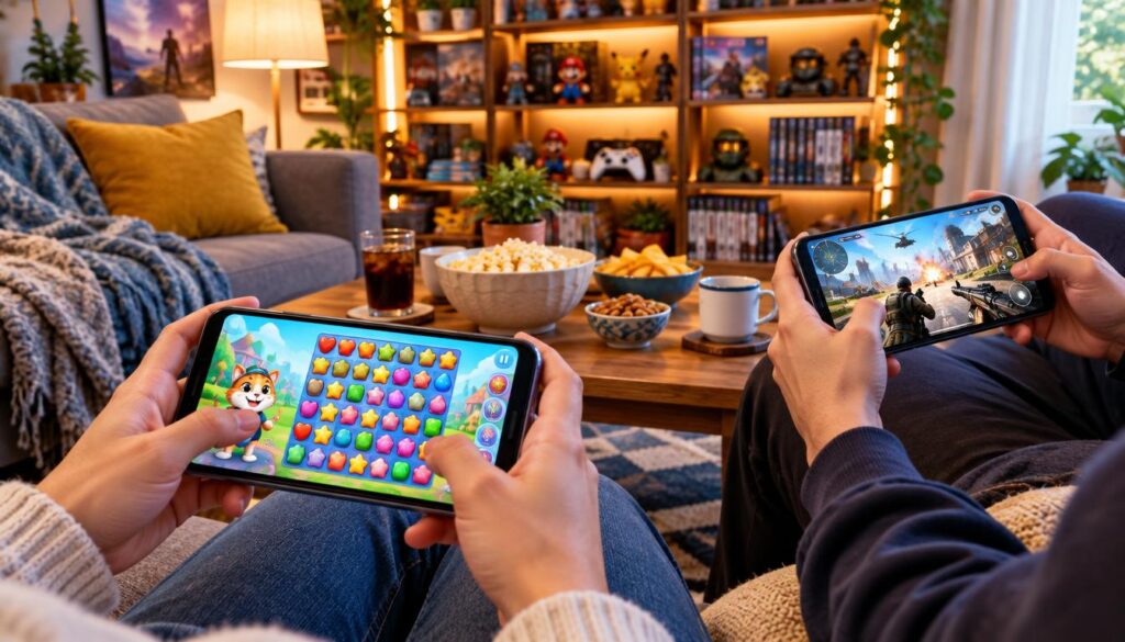 A vibrant scene showcasing a variety of mobile devices displaying engaging puzzle and shooter games. In the foreground, two hands hold a smartphone with a colorful puzzle game on the screen, while another device nearby shows an action-packed shooter game. The middle layer features a cozy living space with a comfortable couch and a coffee table adorned with snacks, creating an inviting atmosphere for gaming. In the background, soft lighting illuminates a bookshelf filled with game-related merchandise, enhancing the friendly vibe. The overall mood is exciting yet relaxed, ideal for enjoying mobile gaming offline. The image should be bright and vivid, emphasizing interaction and enjoyment while avoiding any text or overlays.