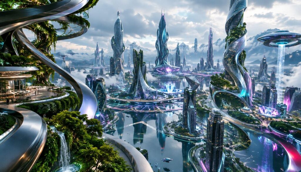 A visionary surreal cityscape dominated by abstract architectural shapes, featuring twisting skyscrapers and fluid forms that defy gravity. In the foreground, sleek metallic structures intertwine with vibrant greenery, creating a harmonious blend between nature and urban design. The middle ground showcases dynamic geometric patterns and reflective surfaces that distort the skyline. The background is filled with a soft, overcast sky, enhancing the dreamlike atmosphere. Utilize cool tones with splashes of neon colors to convey a sense of innovation and energy. The lighting is ethereal, casting gentle shadows that evoke intrigue. The angle is slightly elevated, providing a panoramic view of this imaginative urban realm. The overall mood is one of wonder and futurism, encapsulating the essence of control and resonance in a visually captivating manner.