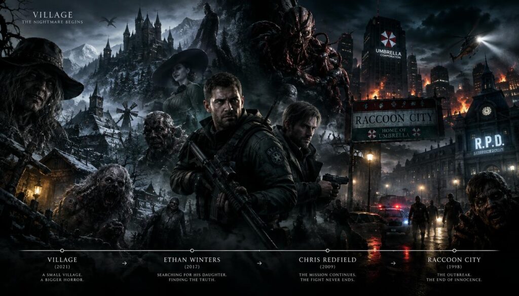 A visually compelling illustration of the Resident Evil timeline from "Village" to "Raccoon City," featuring iconic elements like the eerie village setting with gothic architecture in the foreground, layered with detailed zombie creatures and a mysterious castle silhouette. In the middle, depict iconic characters such as Chris Redfield and Ethan Winters, dressed in tactical gear, showcasing their determination as they navigate through corrupted landscapes. The background should showcase a chaotic Raccoon City with its famous landmarks, engulfed in fog and darkness, illuminated by flickering streetlights, creating a tense atmosphere. The scene should be framed with a dramatic angle, enhancing the sense of urgency and survival. The lighting should be moody, with contrasts of shadows and highlights, capturing the horror essence of the Resident Evil universe. A visually compelling illustration of the Resident Evil timeline from "Village" to "Raccoon City," featuring iconic elements like the eerie village setting with gothic architecture in the foreground, layered with detailed zombie creatures and a mysterious castle silhouette. In the middle, depict iconic characters such as Chris Redfield and Ethan Winters, dressed in tactical gear, showcasing their determination as they navigate through corrupted landscapes. The background should showcase a chaotic Raccoon City with its famous landmarks, engulfed in fog and darkness, illuminated by flickering streetlights, creating a tense atmosphere. The scene should be framed with a dramatic angle, enhancing the sense of urgency and survival. The lighting should be moody, with contrasts of shadows and highlights, capturing the horror essence of the Resident Evil universe.