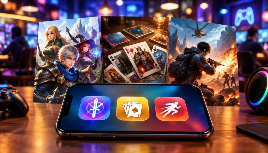 A visually engaging image of a mobile games shortlist, showcasing three distinct sections: role-playing, card games, and action games. In the foreground, a sleek, modern smartphone prominently displays colorful icons representing each genre, arranged in an appealing way. The middle ground features dynamic illustrations of character avatars from a role-playing game, a strategic card layout from a card game, and an intense action scene with a character in combat. The background is a vibrant gaming environment with blurred lights in a gaming café, creating an energetic atmosphere. Soft, ambient lighting enhances the focus on the smartphone and game visuals, creating a lively yet professional mood. The image captures the essence of mobile gaming diversity without any text or distractions.