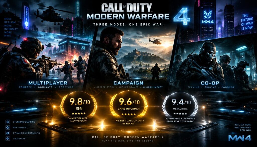A visually striking image featuring three distinct game modes from Call of Duty Modern Warfare 4 arranged in a stylish layout. In the foreground, display glowing review scores — prominently high ratings in gold and silver — illuminating the scene. The middle section should showcase dynamic representations of three game modes: intense multiplayer action, a gripping campaign scene, and an immersive co-op experience, each depicted with vivid colors and intricate details. In the background, create a dark, futuristic cityscape with neon lights, reflecting the high-tech atmosphere of the game. Use soft, directional lighting to create depth and an engaging glow around the review scores, while maintaining a dramatic, focused ambiance that draws attention to the gaming elements. The overall mood should be exciting and energetic, perfect for a gaming audience.