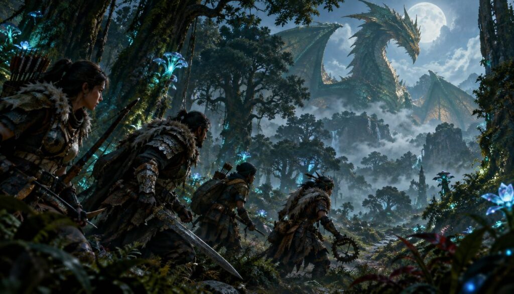 A vivid scene of an Aesoland exploration squad advancing through a misty forest toward a towering elder dragon. In the foreground, four diverse hunters clad in intricate, rugged armor, equipped with various weapons like bows, swords, and traps, are stealthily moving in formation, their determined expressions set against the encroaching shadows. The middle ground features thick, ancient trees with luminescent plants, casting an ethereal glow, while scattered foliage hints at the dragon's lair. In the background, a colossal silhouette of the elder dragon looms high above the treetops, its scales shimmering in hues of deep emerald and gold under a pale moonlight. The atmosphere is tense yet exhilarating, filled with the thrill of the hunt. Soft, diffused lighting captures the mystical essence of this adventure, evoking a sense of epic fantasy and anticipation.