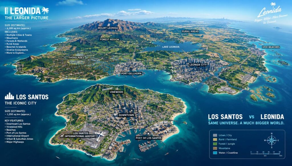 A vivid, side-by-side comparison of the fictional Los Santos map from GTA 5 and the larger Leonida estimate, showcasing their distinctive features. In the foreground, the detailed map of Los Santos, highlighting urban areas, landmarks, and roads. In the middle ground, the expansive Leonida estimate stretches larger and more comprehensive than Los Santos, featuring diverse terrains such as mountains, forests, and coastline. The background should include a faint outline of a horizon, enhancing the sense of scale. The lighting is bright and vivid, emulating a sunny day, with a clear blue sky. The perspective is slightly elevated, capturing the maps from an aerial view, creating a dynamic contrast between the two regions, evoking a sense of exploration and adventure. A vivid, side-by-side comparison of the fictional Los Santos map from GTA 5 and the larger Leonida estimate, showcasing their distinctive features. In the foreground, the detailed map of Los Santos, highlighting urban areas, landmarks, and roads. In the middle ground, the expansive Leonida estimate stretches larger and more comprehensive than Los Santos, featuring diverse terrains such as mountains, forests, and coastline. The background should include a faint outline of a horizon, enhancing the sense of scale. The lighting is bright and vivid, emulating a sunny day, with a clear blue sky. The perspective is slightly elevated, capturing the maps from an aerial view, creating a dynamic contrast between the two regions, evoking a sense of exploration and adventure.