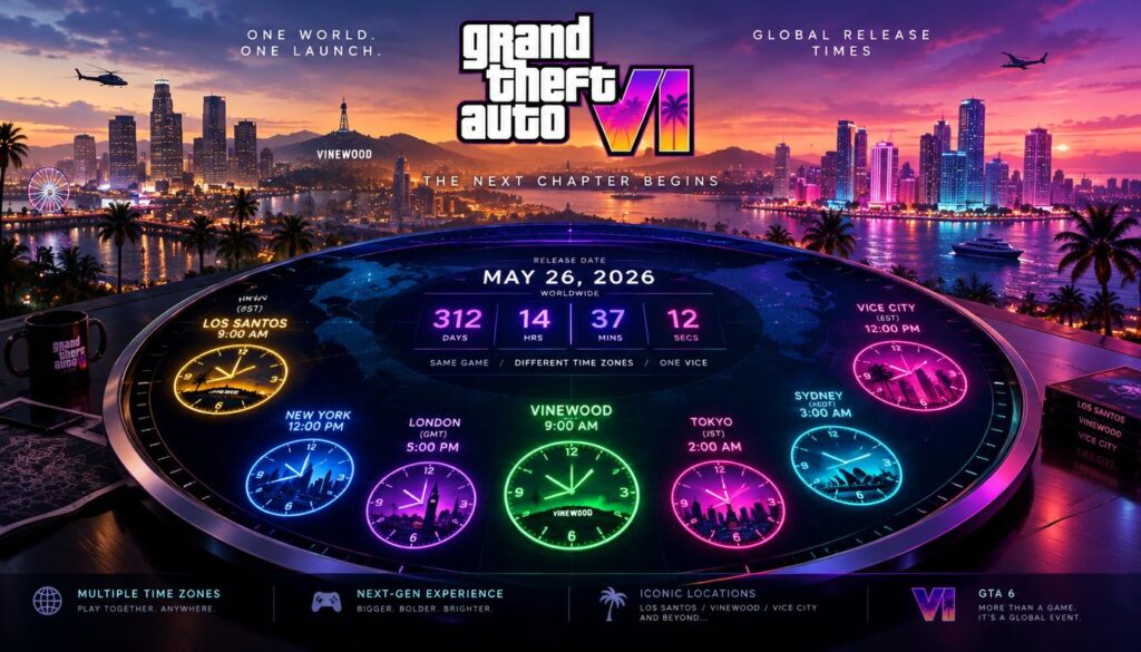 A world clock display illustrating the regional release windows for GTA 6, set against a sleek, modern backdrop. In the foreground, a large, prominent clock with multiple time zones marked, featuring cities like Los Santos, Vinewood, and Vice City, each illuminated with vibrant colors at their respective hours. The middle section showcases a smooth blend of digital elements, highlighting countdown timers and release dates. In the background, a stylized skyline representing iconic GTA locations under a twilight sky with soft, ambient lighting, creating a sense of anticipation and excitement. The atmosphere is dynamic and engaging, inviting viewers to speculate about the game's launch. The composition should have a wide-angle perspective, capturing the essence of global connectivity and the thrill of gaming. A world clock display illustrating the regional release windows for GTA 6, set against a sleek, modern backdrop. In the foreground, a large, prominent clock with multiple time zones marked, featuring cities like Los Santos, Vinewood, and Vice City, each illuminated with vibrant colors at their respective hours. The middle section showcases a smooth blend of digital elements, highlighting countdown timers and release dates. In the background, a stylized skyline representing iconic GTA locations under a twilight sky with soft, ambient lighting, creating a sense of anticipation and excitement. The atmosphere is dynamic and engaging, inviting viewers to speculate about the game's launch. The composition should have a wide-angle perspective, capturing the essence of global connectivity and the thrill of gaming.