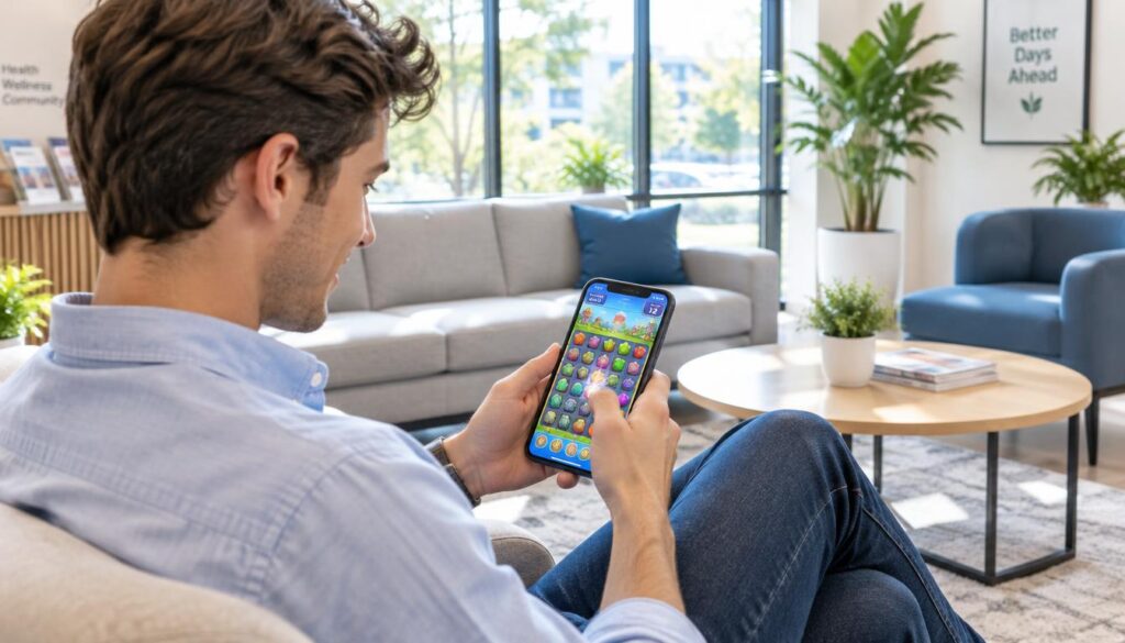A young adult sits comfortably in a sleek, modern waiting room, casually engaging with a colorful mobile puzzle game on their smartphone. The player is wearing smart casual attire, featuring a neat button-down shirt and tailored jeans. In the foreground, the device's vibrant screen illuminates their focused expression, showcasing the game's intricate puzzle pieces. The middle ground features a stylish, minimalist seating area with soft, natural light pouring in through large windows, creating a welcoming atmosphere. In the background, subtle decorative plant elements enhance the calming vibe. The overall mood is relaxed and inviting, perfectly capturing a moment of leisure while waiting, with a bright and cheerful color palette. A young adult sits comfortably in a sleek, modern waiting room, casually engaging with a colorful mobile puzzle game on their smartphone. The player is wearing smart casual attire, featuring a neat button-down shirt and tailored jeans. In the foreground, the device's vibrant screen illuminates their focused expression, showcasing the game's intricate puzzle pieces. The middle ground features a stylish, minimalist seating area with soft, natural light pouring in through large windows, creating a welcoming atmosphere. In the background, subtle decorative plant elements enhance the calming vibe. The overall mood is relaxed and inviting, perfectly capturing a moment of leisure while waiting, with a bright and cheerful color palette.
