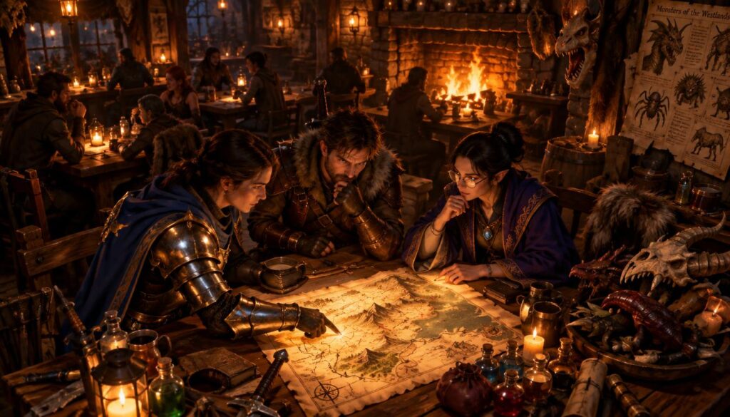 Adventurers gather in a dimly lit tavern, the atmosphere charged with anticipation for new monster encounters. In the foreground, a diverse group of three adventurers—one clad in shimmering armor, another in rugged leather gear, and a third in scholarly robes—strategically examines a glowing map of their world, their expressions reflecting determination and excitement. In the middle ground, wooden tables are cluttered with potions, weapons, and monster trophies. The background features a warm fire crackling in a stone hearth, casting flickering shadows on the stone walls adorned with monster lore. Utilize warm lighting to create a cozy yet tense atmosphere, with a slight focus on the adventurers' expressions to emphasize their readiness for the challenges ahead. Capture this scene from a slightly elevated angle for a dynamic perspective.