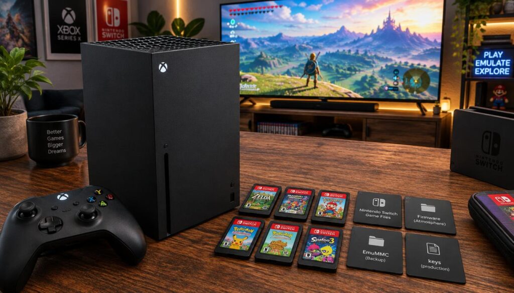 An Xbox Series X console prominently displayed in the foreground, showcasing its sleek design and matte black finish. Beside it, a selection of Nintendo Switch game cartridges and system files, meticulously arranged to highlight their compatibility for emulation. The middle ground features a textured wooden table, enhancing the tech-savvy atmosphere. In the background, soft ambient lighting illuminates a modern gaming setup with a large flat-screen TV displaying vibrant gameplay, creating a dynamic and immersive mood. The camera angle captures a slight overhead view, emphasizing the relationship between the Xbox and the Nintendo elements while ensuring clarity and detail in each component. The image feels contemporary and inviting, perfect for tech enthusiasts and gamers alike.